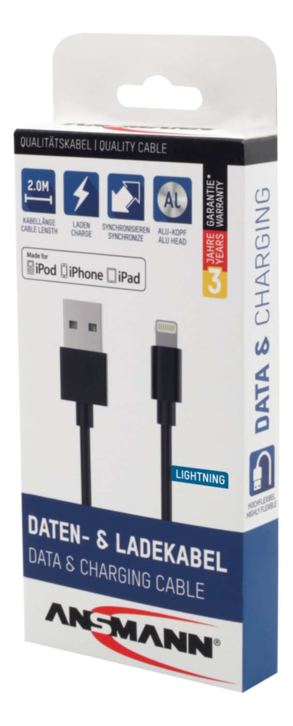 Miniatyrbillede 5 af 6: Ansmann 1700-0079 Lightning kabel 2 m Sort