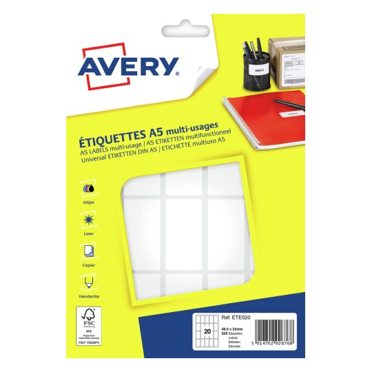 Avery ETE020 utskriftsbara etiketter Vit Självhäftande skrivaretikett Avery ETE020 utskriftsbara etiketter Vit Självhäftande skrivaretikett