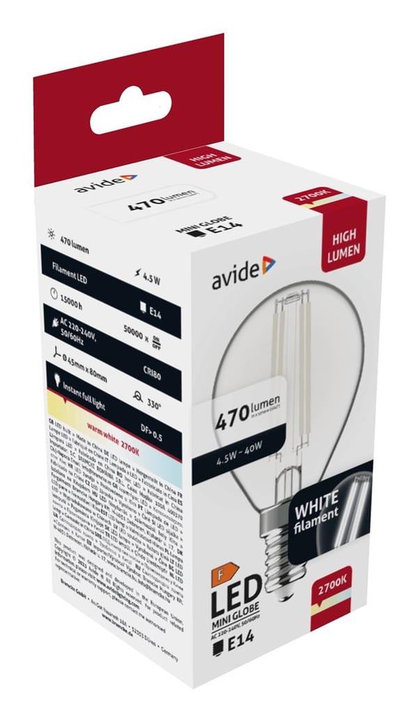 Miniatyrbillede 2 af 3: Avide AWLFMG14WW-4.5W LED-lampe Varm hvid 2700 K 4,5 W E14 F