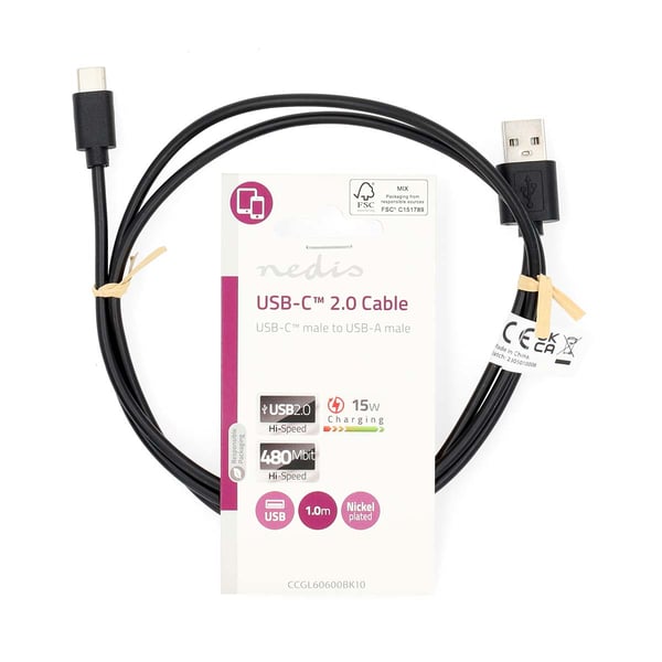 Nedis CCGL60600BK10 USB-kabel USB 2.0 1 m USB A USB C 0,48 Gbit/sek. 15 W Sort
