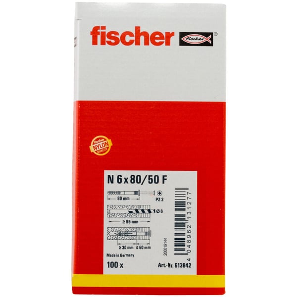 Fischer 513842 skruvankare och väggplugg 100 styck Kit med skruv och väggplugg 80 mm