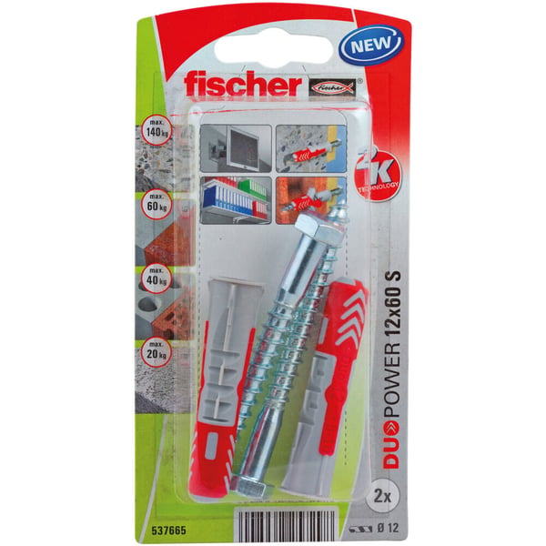 Fischer 537665 skruvankare och väggplugg 2 styck Kit med skruv och väggplugg 60 mm