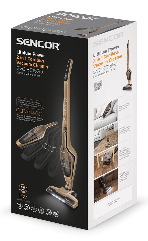 Miniatyrbillede 4 af 9: Sencor SVC 8618GD stav støvsuger & elektrisk kost 2-i-1 stangstøvsuger Batteri Dry HEPA Poseløs 0,5 L 100 W Guld 2 At