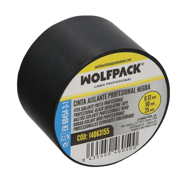 Wolfpack Cinta Aislante Profesional Negra Espesor 0.13 mm. Ancho 50 mm. Rollo 25 Metros