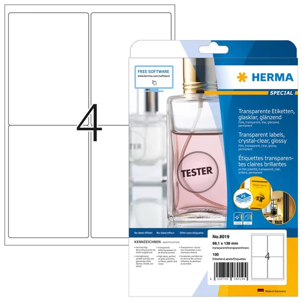 Miniatyrbillede 1 af 2: HERMA 8019 print etiket Transparent Selvklæbende printeretiket