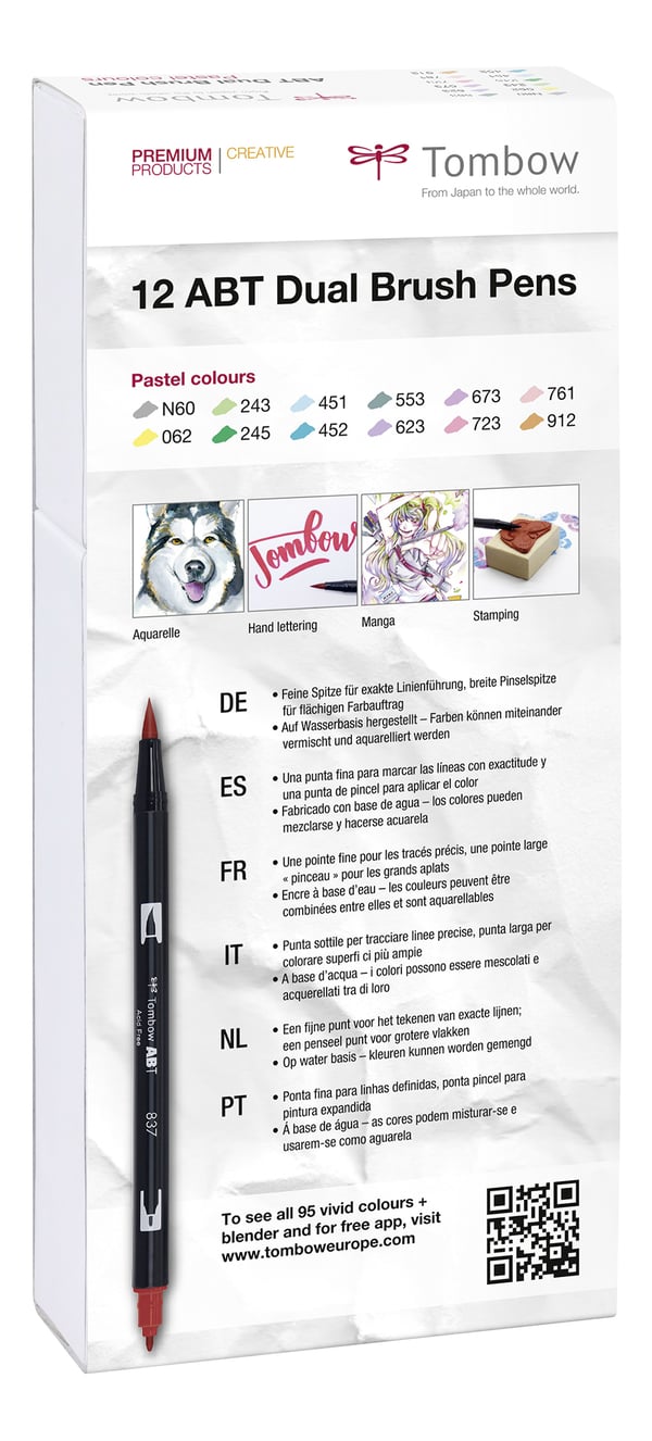 Tombow ABT-12P-2 filtpen Fin Blå, Grøn, Grå, Lyse Blå, Lysegrøn, Mint, Lyserød, Lilla, Gul 12 stk