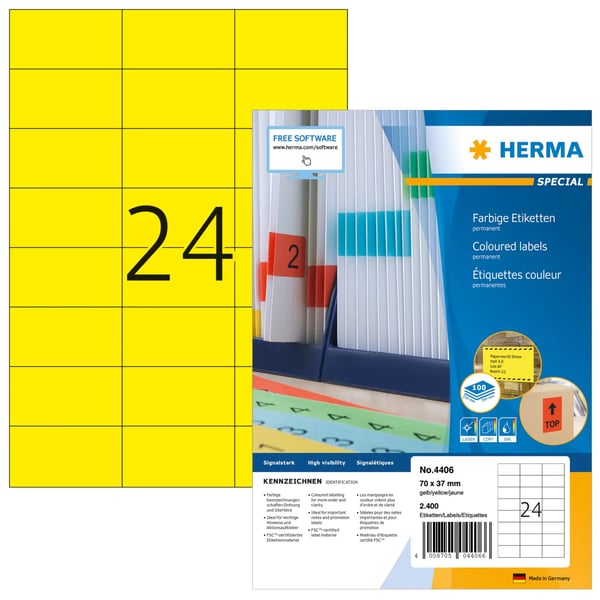 Miniatyrbild 1 av 2: HERMA 4406 självhäftande etiketter Rektangel Permanent Gul 2400 styck