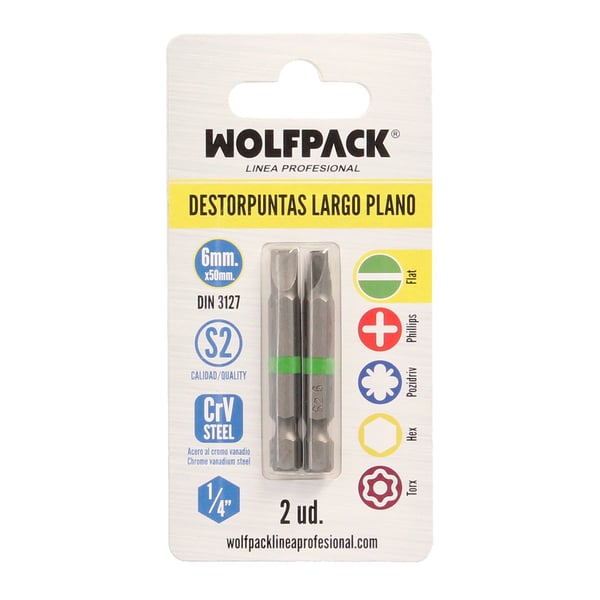 Wolfpack Destorpuntas Largo Plano 6 mm. (2 Piezas) Acero S2 al Cromo Vanadio