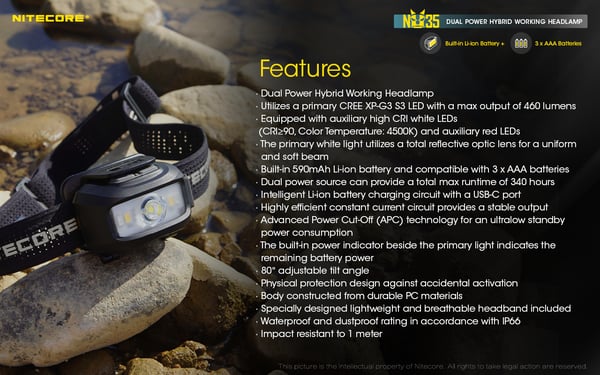 Nitecore NU35 Dual Power Hybrid Working Headlamp Musta Taskulamppu otsanauhalla LED