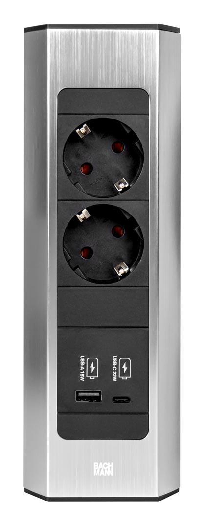 Pikkukuva 9 / 9: Bachmann CASIA 2 pistorasia Type F + USB A + USB C Musta, Hopea, Ruostumaton teräs