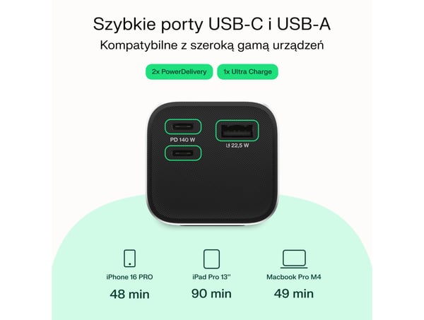 Green Cell GC PBGC25UD - Powerbank PBGC25UD, 25200 mAh, 140 W, 1x USB-A, 2x USB-C Lithium-Ion (Li-Ion) Aluminium, Sort, Sølv