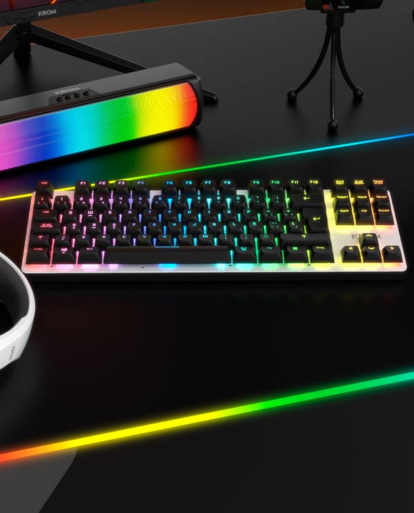 Krom NXKROMKERNELPROSP tastatur Spil USB + RF Wireless + Bluetooth QWERTY Spansk Sort, Hvid