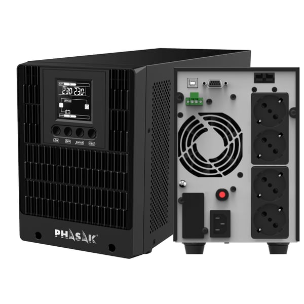 Phasak PH 9220 UPS-virtalähde Taajuuden kaksoismuunnos (verkossa) 2 kVA 2000 W 4 AC-pistorasia(a)