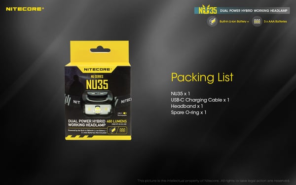 Nitecore NU35 Dual Power Hybrid Working Headlamp Musta Taskulamppu otsanauhalla LED