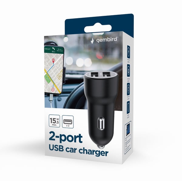 Gembird TA-UC-2A15-CAR-01 mobilladdare Smartphone, Smartwatch, Surfplatta Svart Cigarr tändare Automatisk