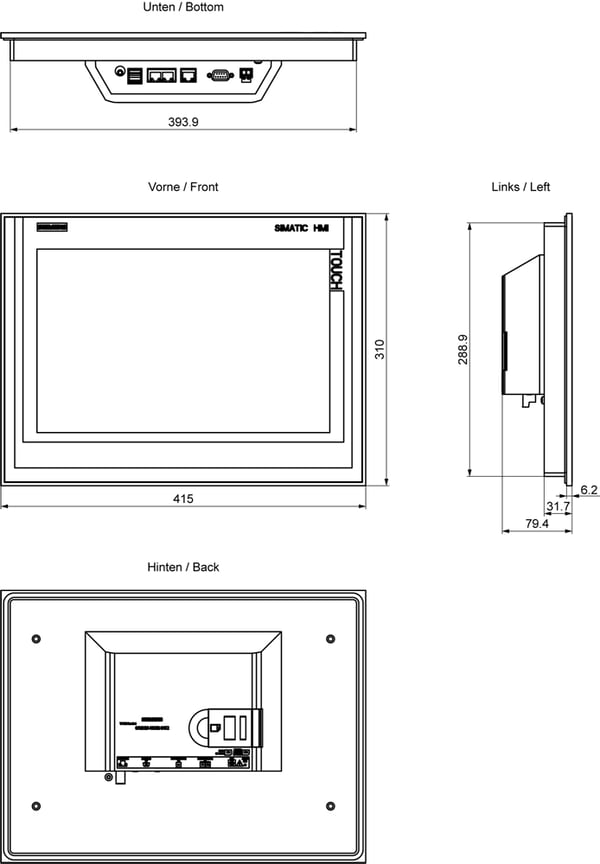 Siemens 6AV2124-0QC02-0AX2 touch-kontrolpanel 39,1 cm (15.4") 800 x 1280 pixel