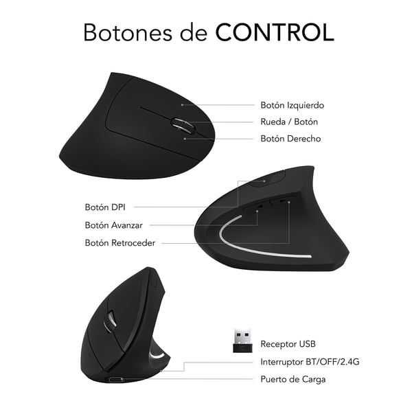 Miniatyrbillede 7 af 8: SUBBLIM RATON OPTICO DUAL GLIDE VERTICAL ERGO DUAL BATERIA NEGRO mus Universel Højre hånd Bluetooth + USB Type-A Optisk 1600 dpi