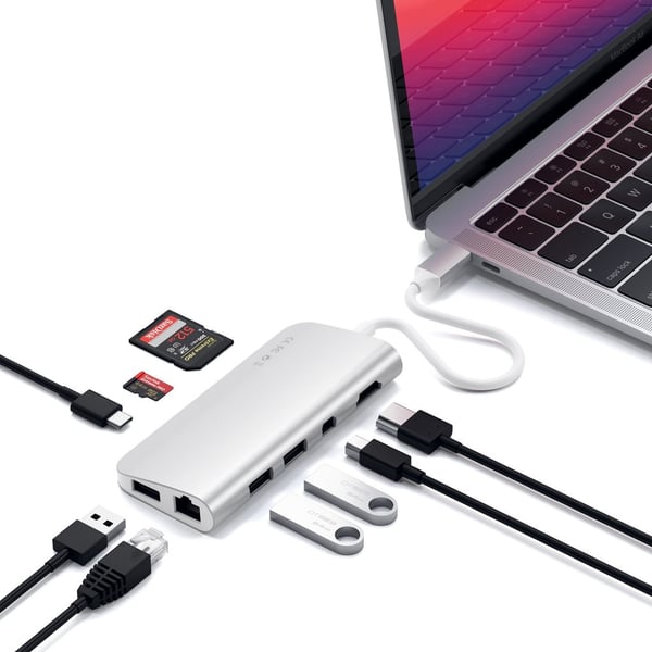 Satechi ST-TCMM8PAS kannettavien tietokoneiden telakka ja porttitoistin Langallinen USB 3.2 Gen 1 (3.1 Gen 1) Type-C Hopea