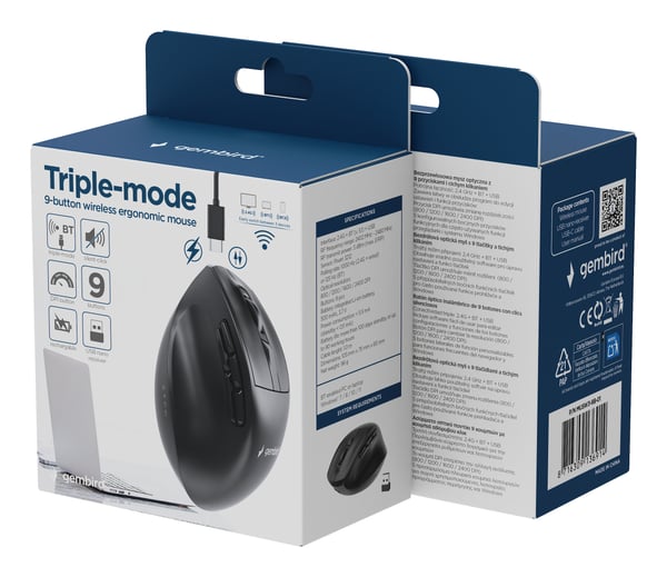 Gembird MUSW3-9B-01 hiiri Office Oikeakätinen RF Wireless + Bluetooth + USB Type-A Optinen 2400 DPI