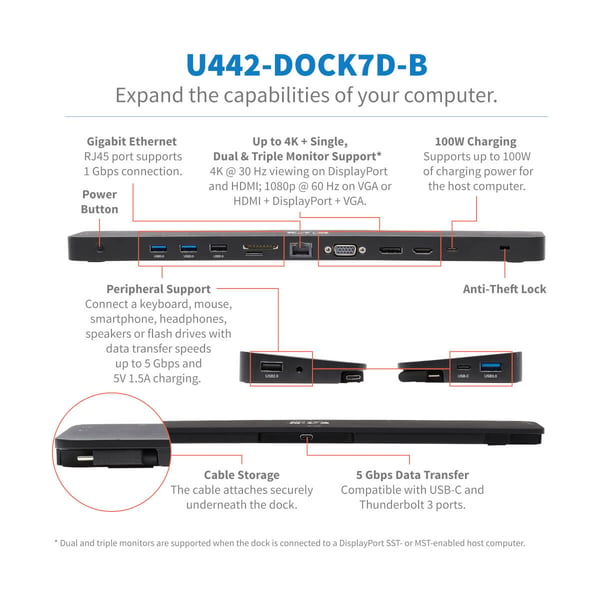 Tripp Lite U442-DOCK7D-B kannettavien tietokoneiden telakka ja porttitoistin Langallinen USB 3.2 Gen 1 (3.1 Gen 1) Type-C Musta