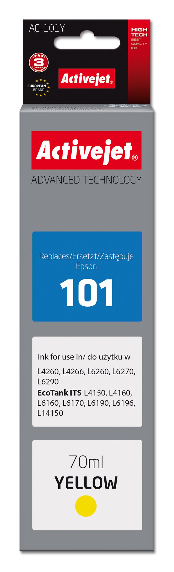 Activejet Ink AE-101Y Blækflaske til Epson-printer, erstatning for Epson 101; Supreme; 70 ml; gul