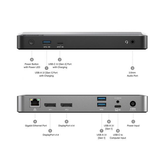 ALOGIC DUPRDX2-100 kannettavien tietokoneiden telakka ja porttitoistin Langallinen USB 3.2 Gen 1 (3.1 Gen 1) Type-C Musta, Harmaa