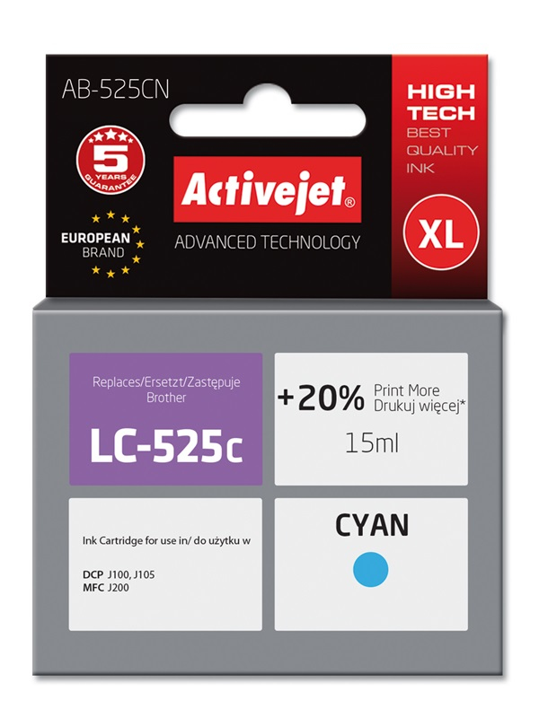 Activejet AB-525CN mustekasetti 1 kpl Yhteensopiva Korkea (XL) värintuotto Syaani