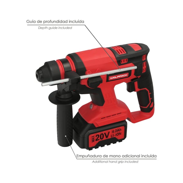 Pikkukuva 5 / 5: Wolfpack Martillo SDS PLUS A Bateria 20 Volt. Con Bateria 4.0 Ah. 1.400 R.P.M.