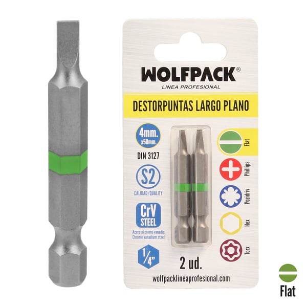 Wolfpack Destorpuntas Largo Plano 4 mm. (2 Piezas) Acero S2 al Cromo Vanadio