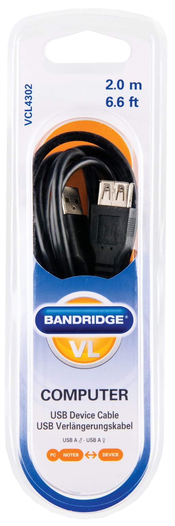 Bandridge USB Extension Cable, 2.0m USB-kaapeli 2 m USB A Musta