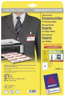 Avery L4728-20 namnbrickor/namnbrickehållare papper 160 styck