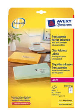 Miniatyrbild 1 av 2: Avery L4772-25 utskriftsbara etiketter Transparent