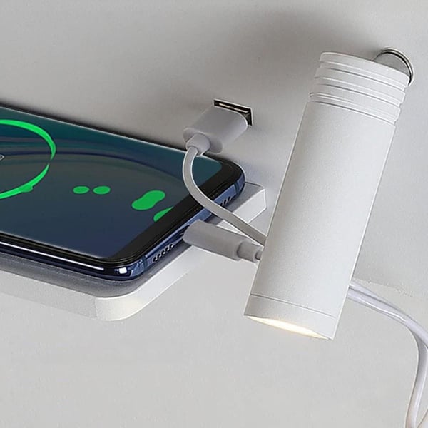 Væglampe / natlampe med trådløs oplader til smartphone + usb-stik