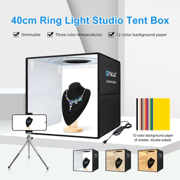 Fotostudie 40 cm med LED-ring til produktbilleder i høj kvalitet