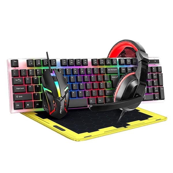 Gaming-sæt med LED-tastatur, headset, mus og musemåtte