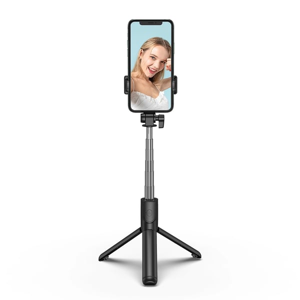 Selfiekeppi teleskooppikahvalla ja jalustalla, 1m - musta
