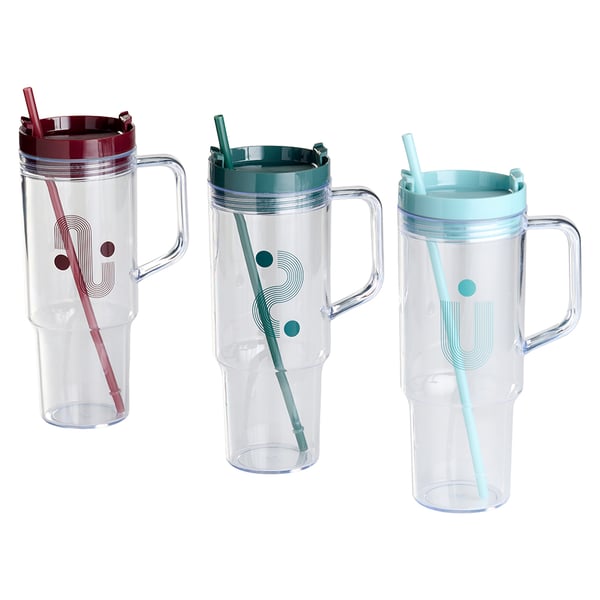 Krus med sugerør 1,1 liter / drikkekrus med låg / plastkrus med hank / assorterede farver