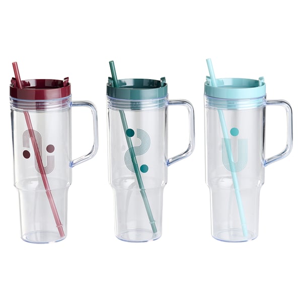 Mugg med sugrör 1,1 liter / drickmugg med lock / plastmugg med handtag / osorterade färger