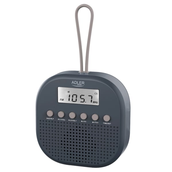 Vattentät FM-radio med klocka och kompakt design