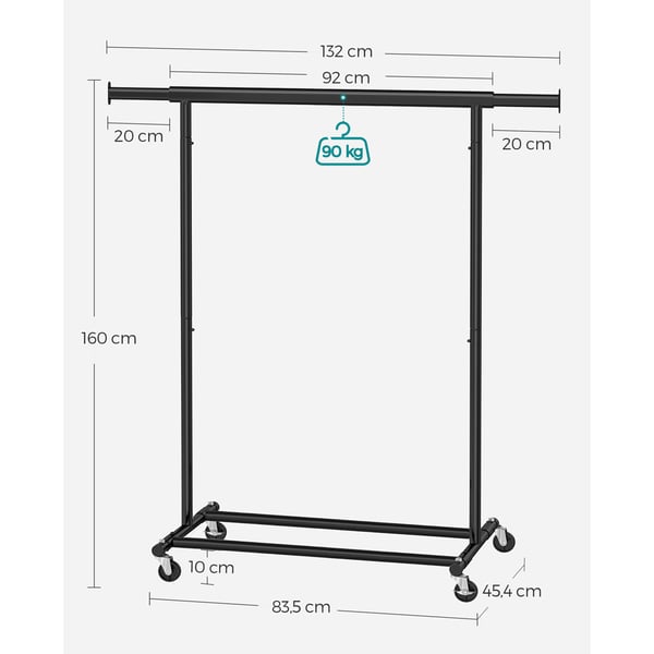 Säädettävä vaateteline pyörillä, 92–132 cm, teräs, 90 kg kantavuus, mustasta