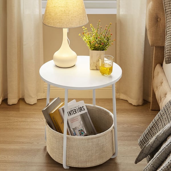 Rundt sidebord med stofkurv - Hvid