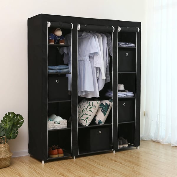 Bærbart klædeskab 175 x 150 x 45 cm - med bøjlestang og hylder i Sort stof