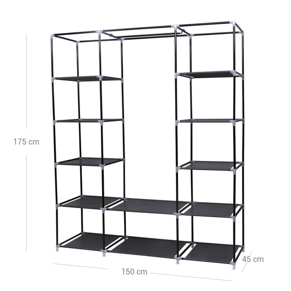 Bærbart klædeskab 175 x 150 x 45 cm - med bøjlestang og hylder i Sort stof