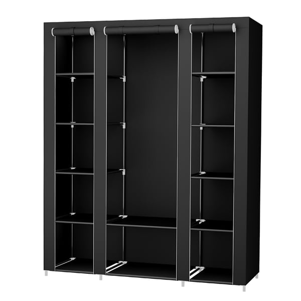 Bærbart klædeskab 175 x 150 x 45 cm - med bøjlestang og hylder i Sort stof