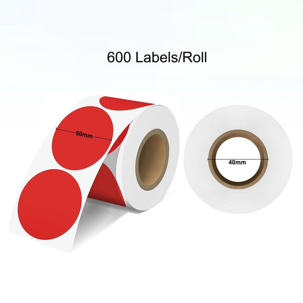 Etikettrull med runde røde etiketter 50 mm - 600 etiketter per rull