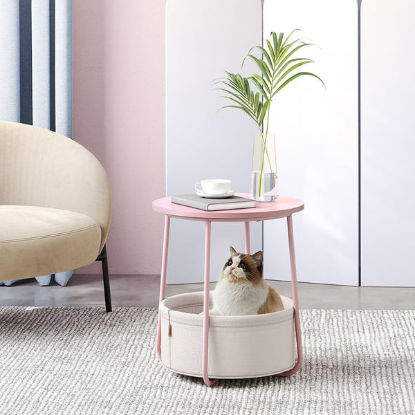 Rundt sengebord med opbevaringskurv - pink/hvid