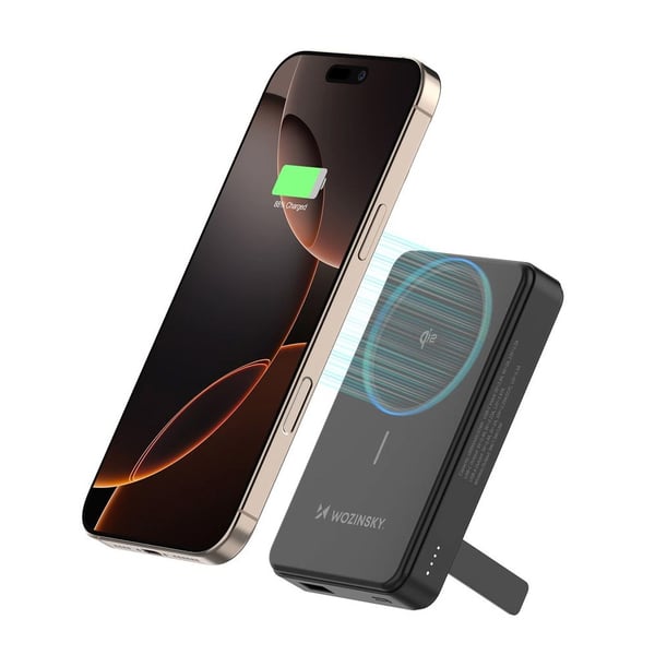 10000 mAh powerbank med 22,5 W hurtiglading, trådløs Qi2-lading og innebygd stativ