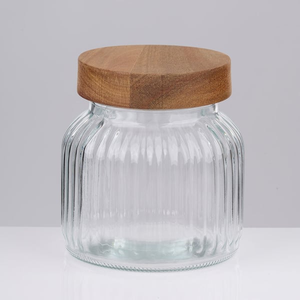 Puukannellinen lasipurkki, n. 700 ml, ilmatiiviisti suljettu