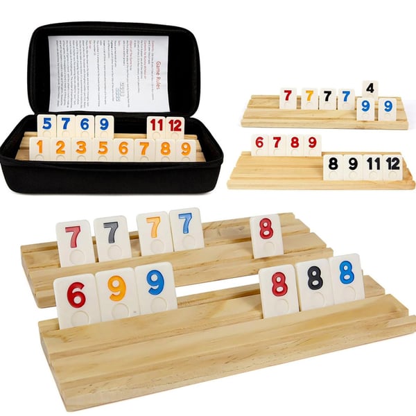 Rummikub sällskapsspel för upp till 4 spelare – med träbrickor och förvaringsväska
