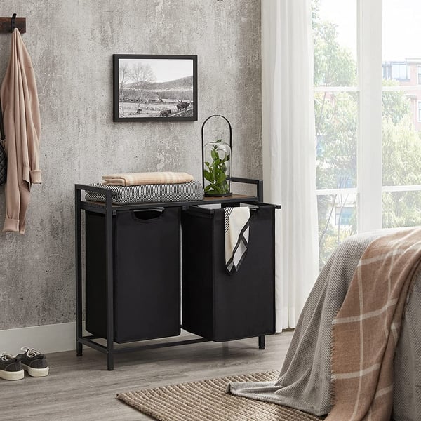 Klesvaskkurv med 2 uttrekkbare og avtakbare skittentøyposer 2x46L - Svart